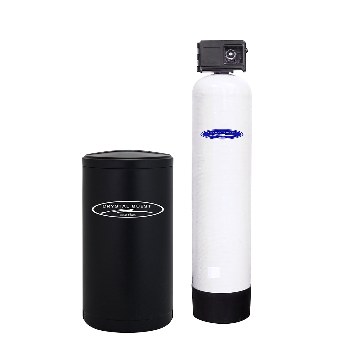 Nitrate Removal Water Filtration System, automatic version, white tank with control valve and black brine tank