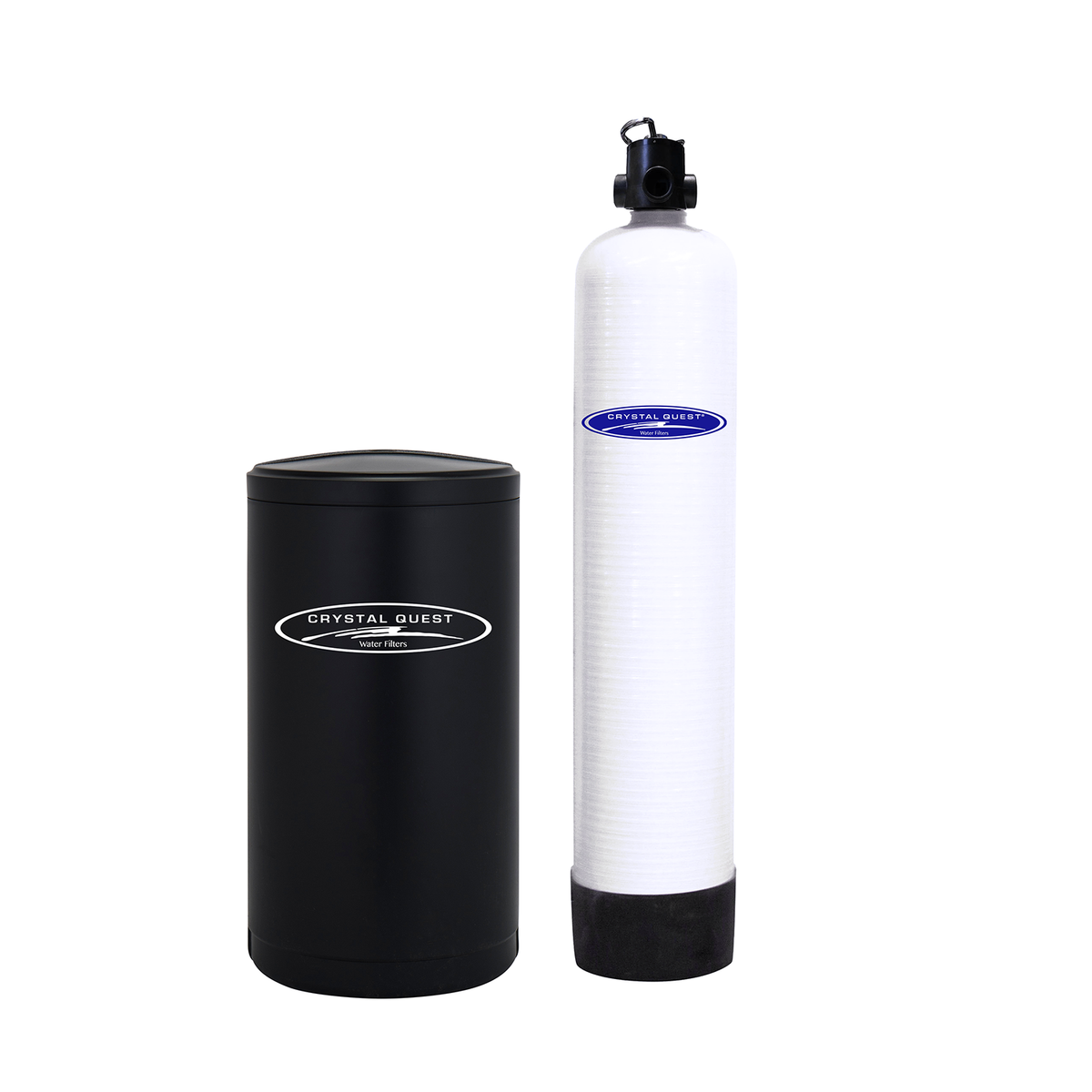 Nitrate Removal Water Filtration System, white tank with manual valve beside black brine tank