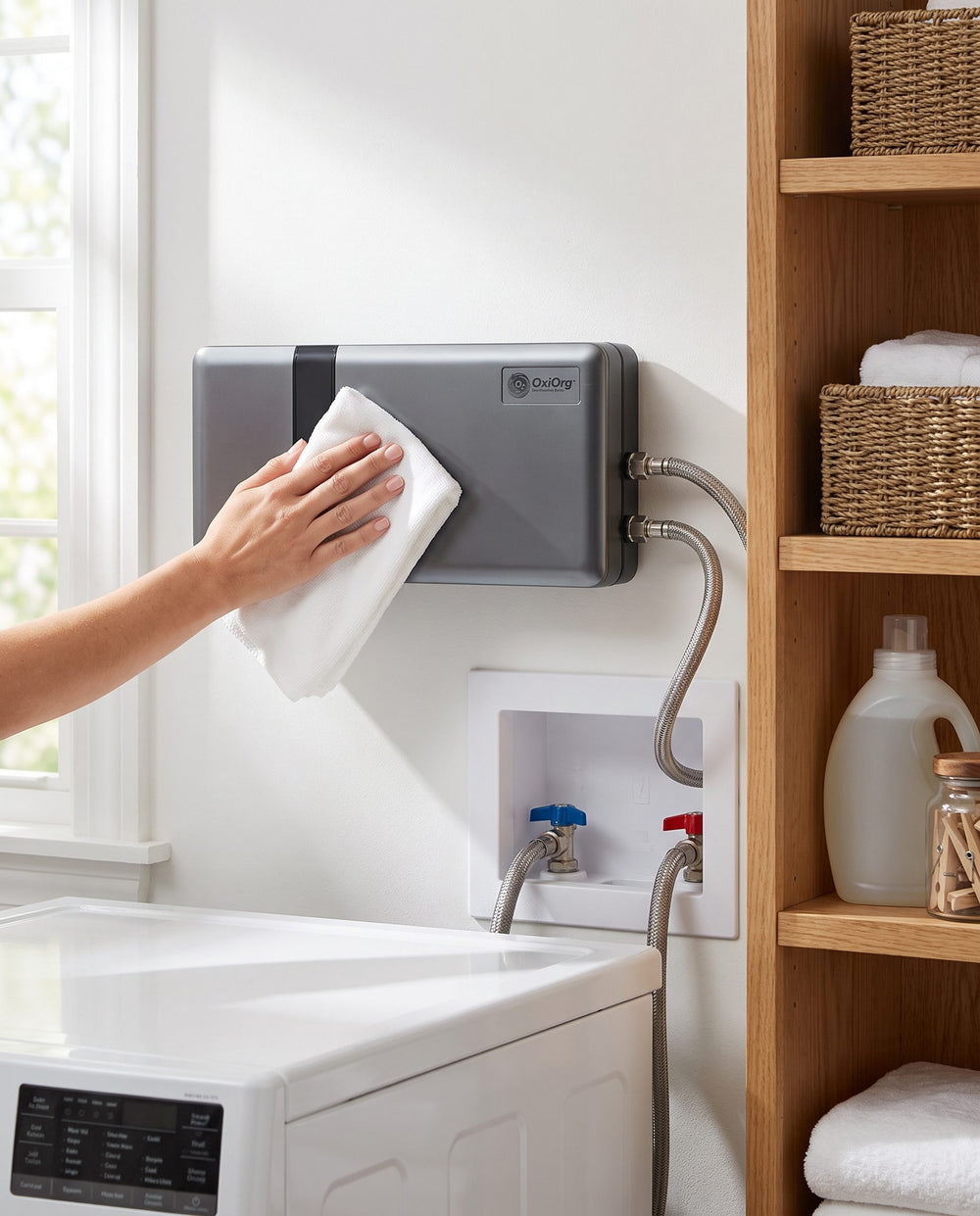 A hand wiping the front of the OxiOrg O³ with a soft cloth