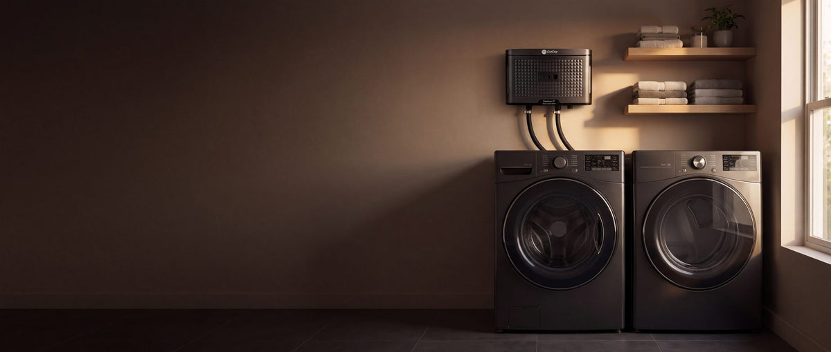 OxiOrg O³ Pro above a dark front-load washer and dryer pair, in soft window light