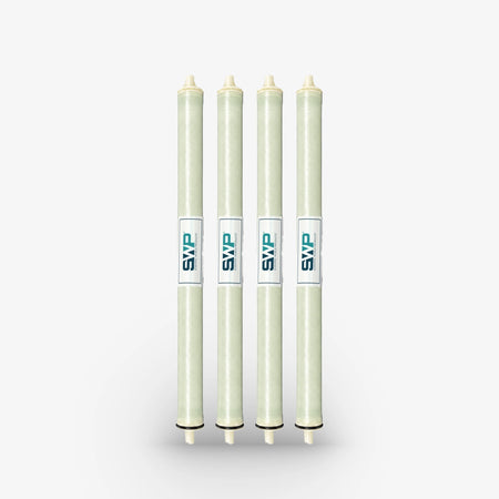2.5" x 40" Brackish Water Reverse Osmosis Membrane, pack of four light green elements with labels standing upright