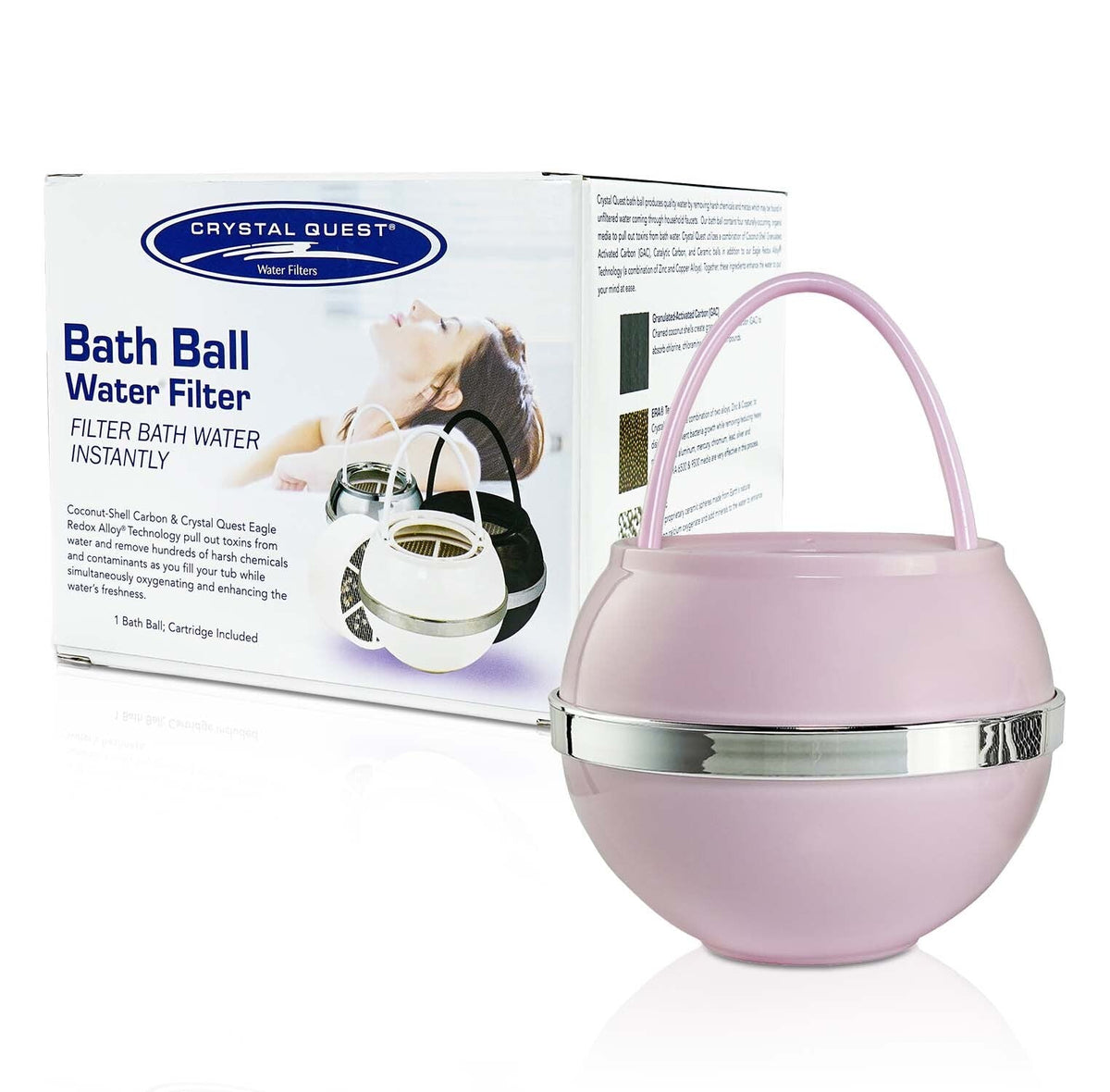 Pink Bath Ball Filter with silver band in front of its Bath Ball Water Filter retail box