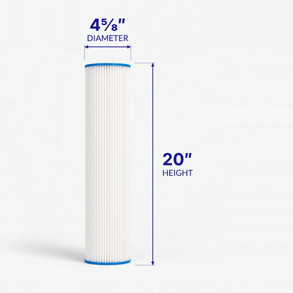 Pleated Cellulose Sediment Cartridge, tall wide pleated cartridge with 4-5/8 inch diameter and 20 inch height callouts