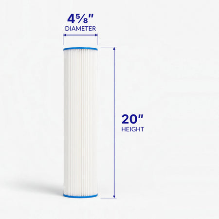 Pleated Cellulose Sediment Cartridge, tall wide pleated cartridge with 4-5/8 inch diameter and 20 inch height callouts