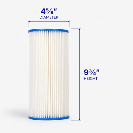 Pleated Cellulose Sediment Cartridge, wide pleated cartridge with 4-5/8 inch diameter and 9-3/4 inch height callouts