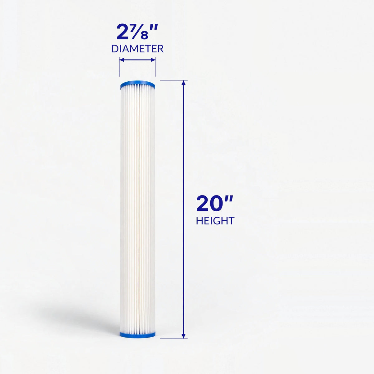 Pleated Cellulose Sediment Cartridge, tall slim pleated cartridge with 2-7/8 inch diameter and 20 inch height callouts