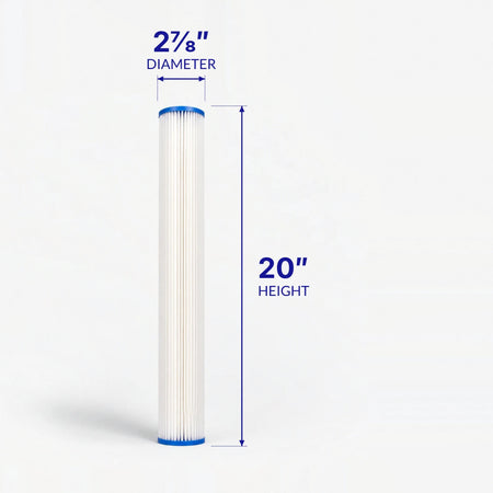Pleated Cellulose Sediment Cartridge, tall slim pleated cartridge with 2-7/8 inch diameter and 20 inch height callouts