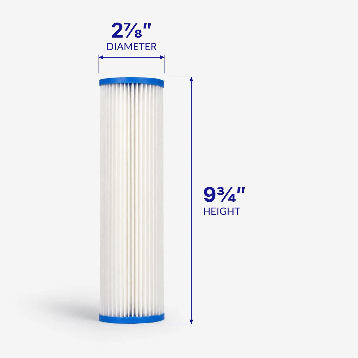 Pleated Cellulose Sediment Cartridge, white pleated cartridge with 2-7/8 inch diameter and 9-3/4 inch height callouts
