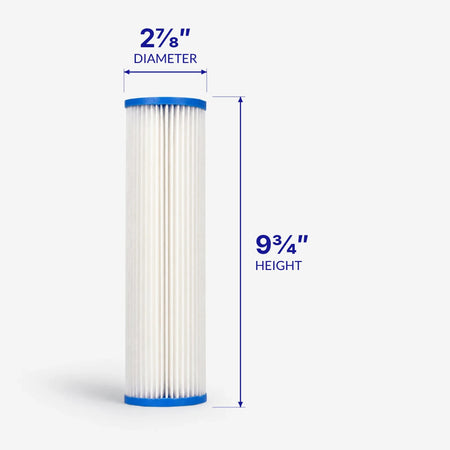 Pleated Cellulose Sediment Cartridge, white pleated cartridge with 2-7/8 inch diameter and 9-3/4 inch height callouts