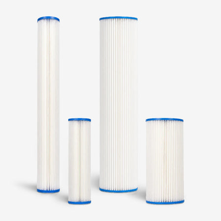 Pleated Cellulose Sediment Cartridge, four white pleated cartridges with blue end caps in two diameters and two heights