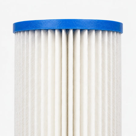 Pleated Cellulose Sediment Cartridge, close-up of the white pleats below the blue top end cap