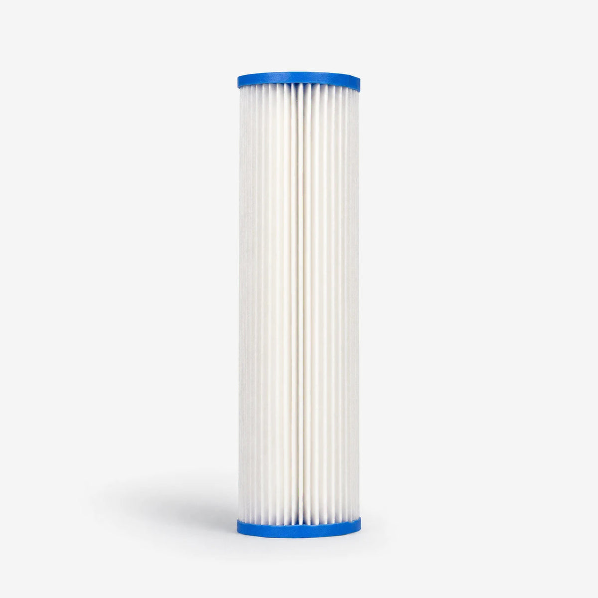 Pleated Cellulose Sediment Cartridge, single slim white pleated cartridge with blue end caps, front view