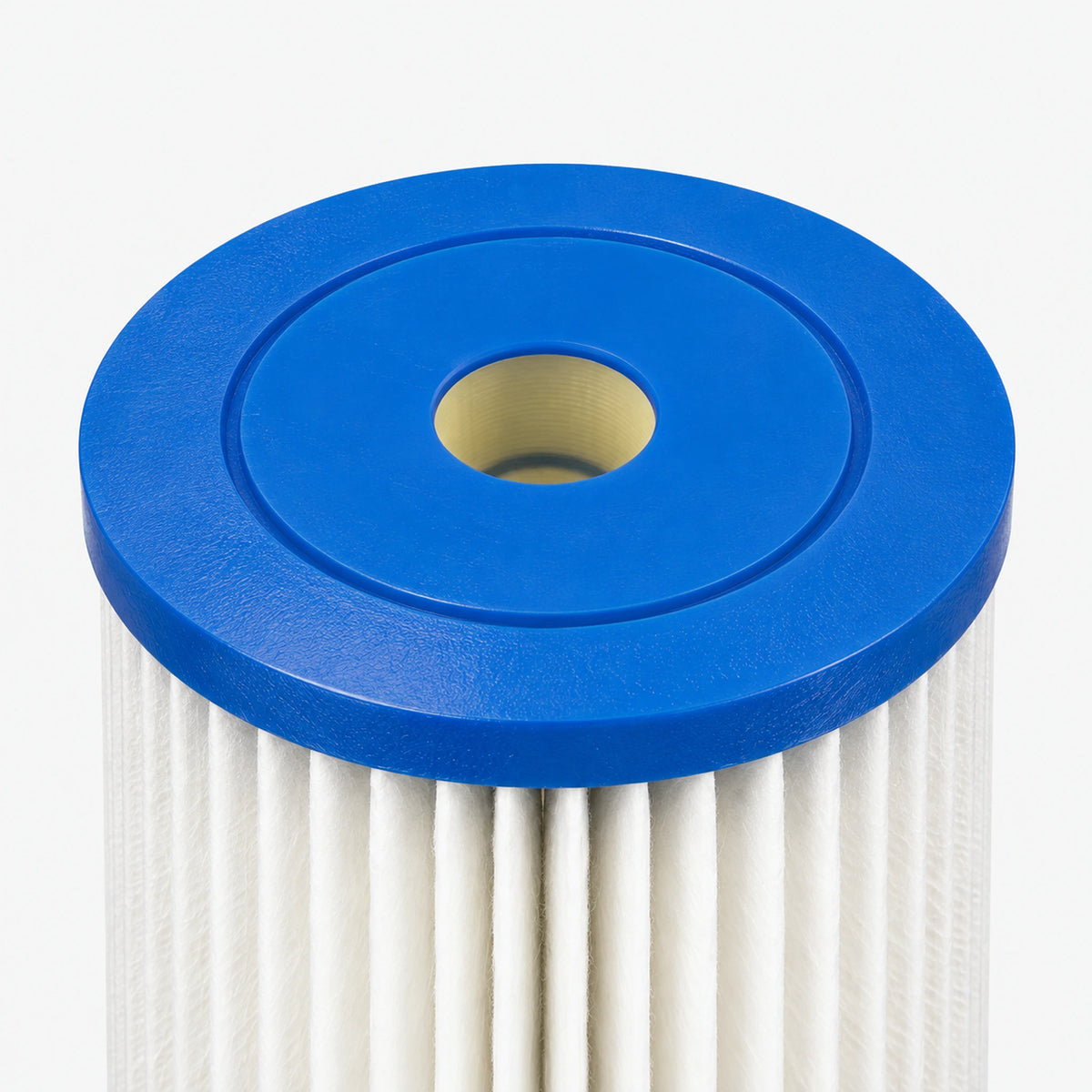 Pleated Cellulose Sediment Cartridge, close-up of the wide blue end cap with small center opening above white pleats