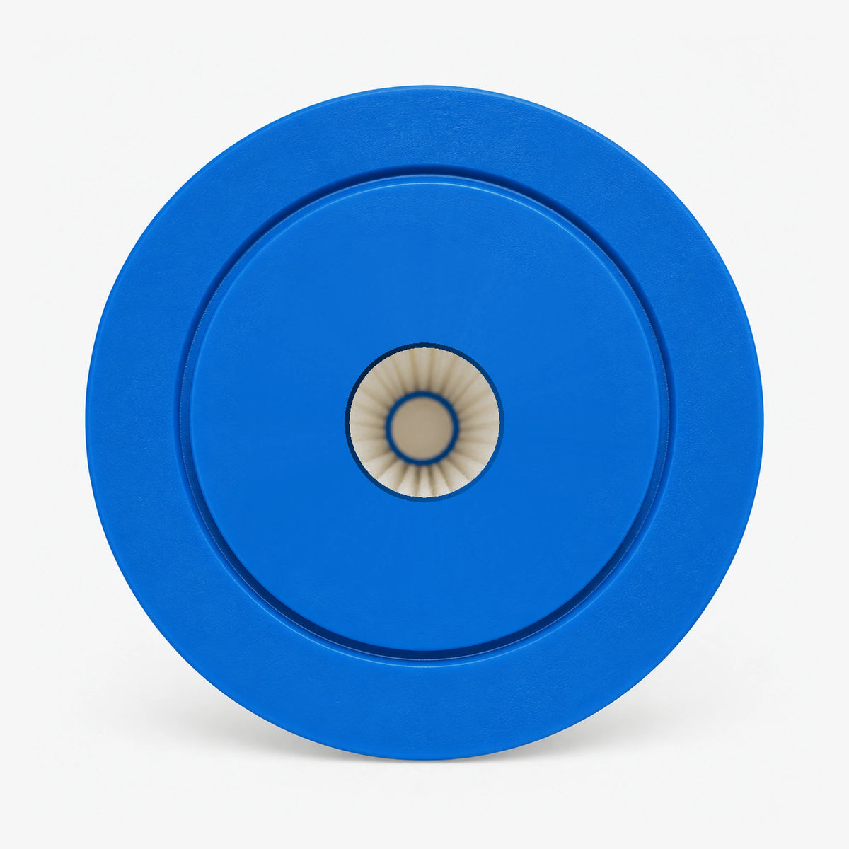 Pleated Cellulose Sediment Cartridge, top view of the wide blue end cap with the pleated center opening