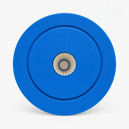 Pleated Cellulose Sediment Cartridge, top view of the wide blue end cap with the pleated center opening