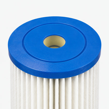 Pleated Cellulose Sediment Cartridge, close-up of the wide blue end cap with small center opening above white pleats