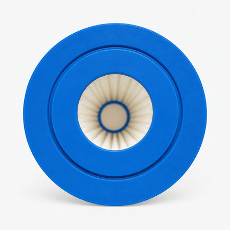 Pleated Cellulose Sediment Cartridge, top view of the blue end cap with the pleated center opening