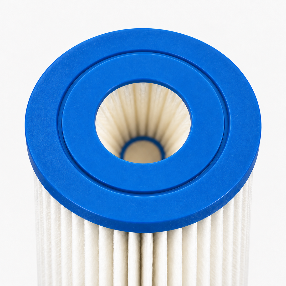 Pleated Cellulose Sediment Cartridge, close-up of the blue end cap and center opening showing the pleats inside