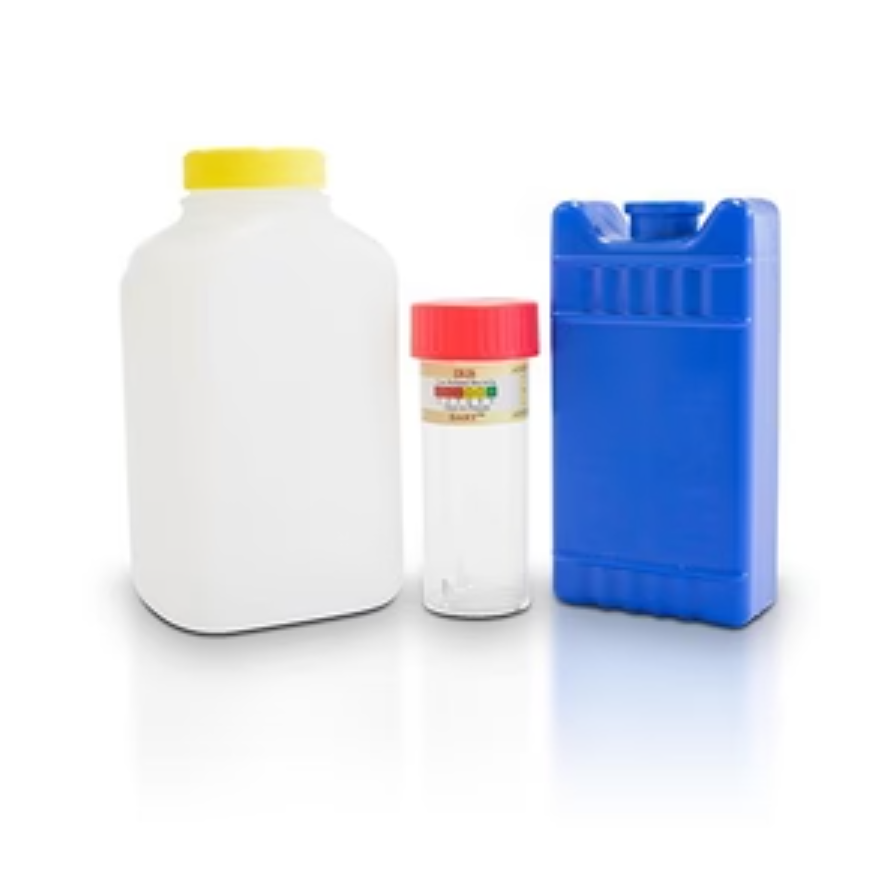 Problem Check Water Test, sample bottle with yellow cap, red cap test vial and blue ice pack, close-up