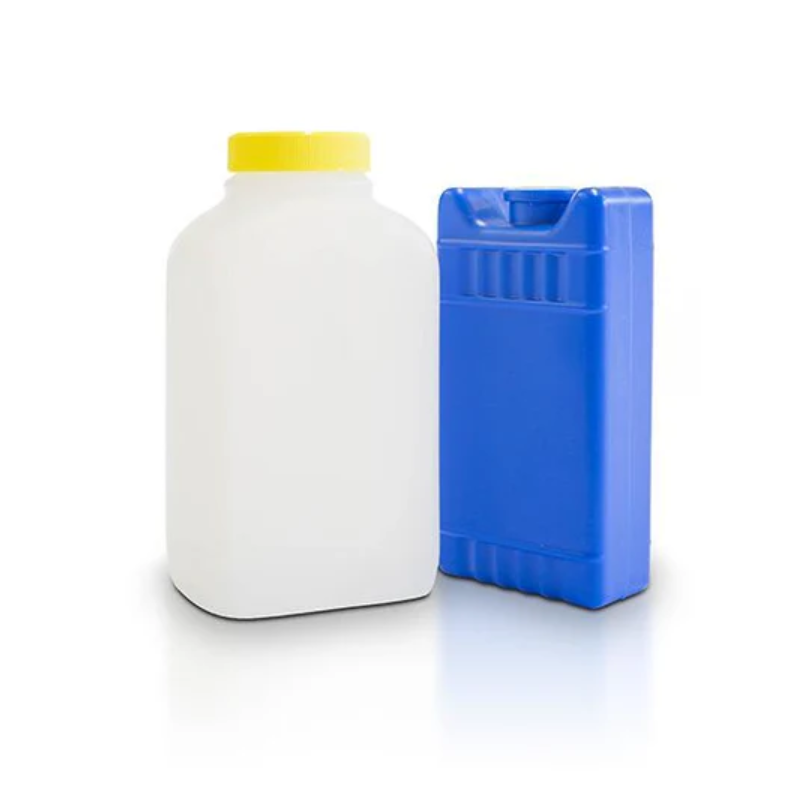 Dual Iron Test water sample bottle with yellow cap and blue ice pack