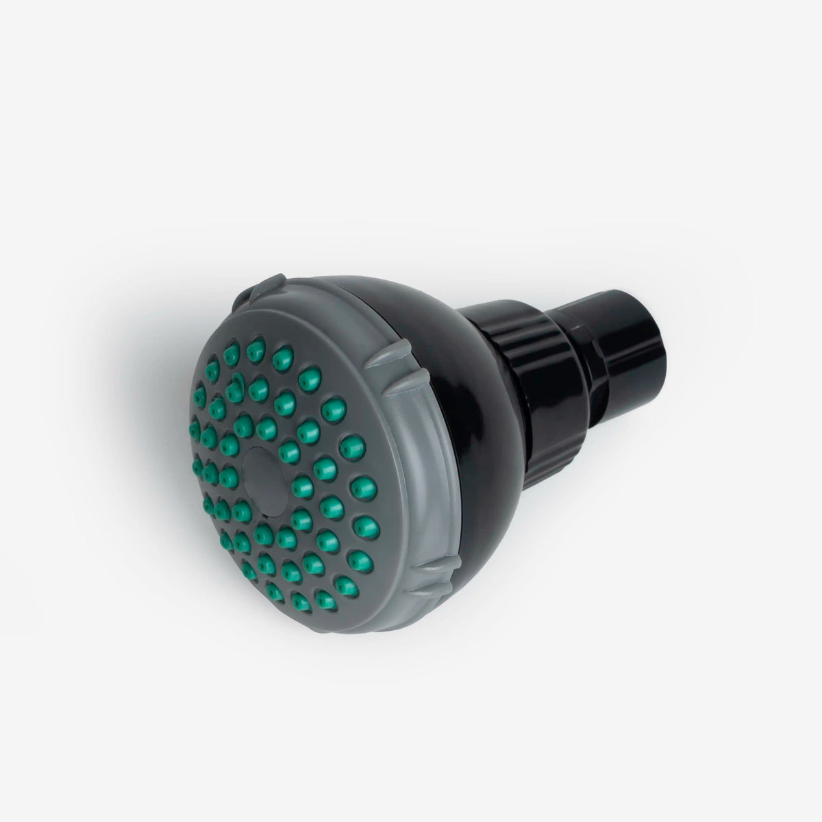 Shower Filter included shower head in black with gray face and green spray nozzles, angled view