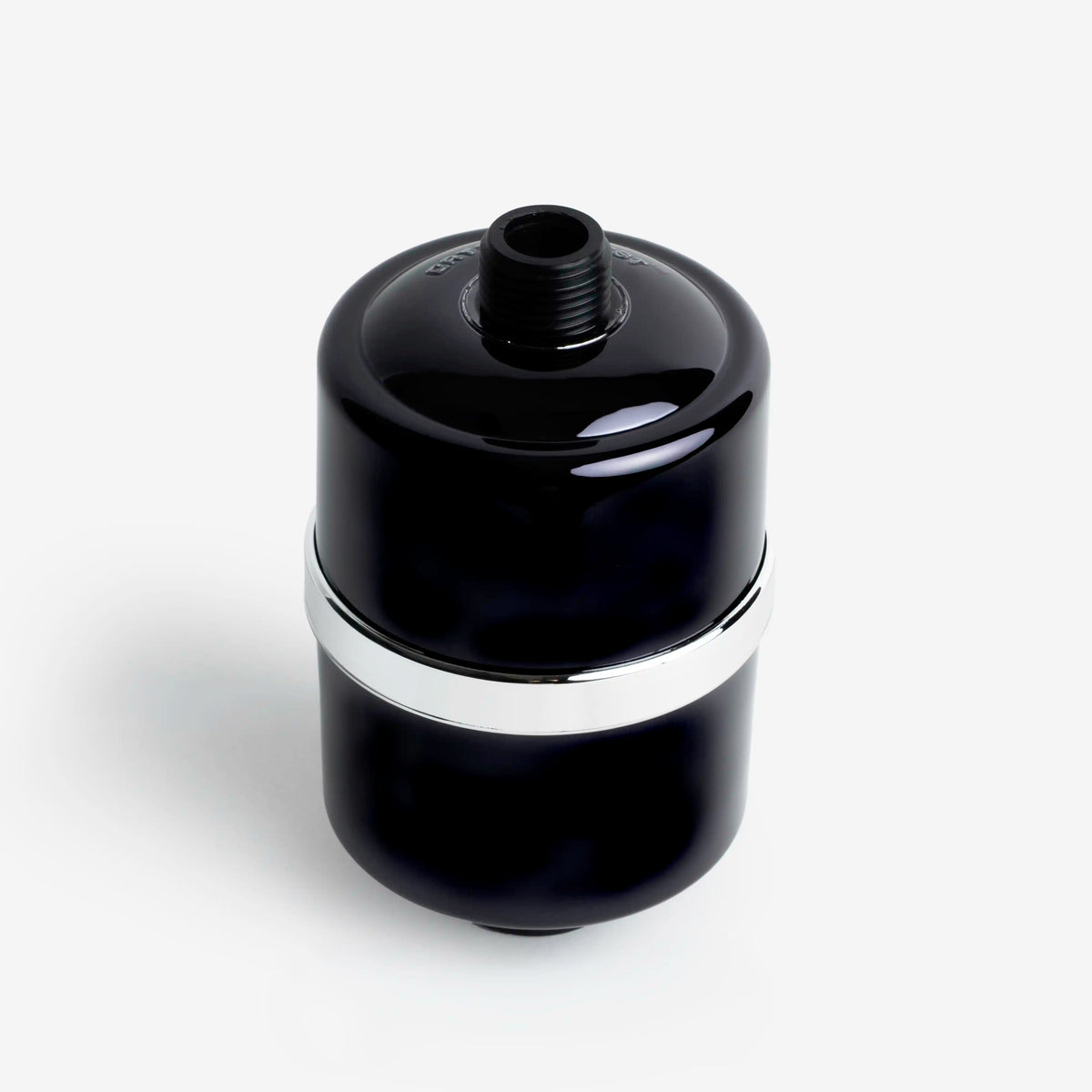 Shower Filter in black with chrome band, filter only without shower head, top angle view