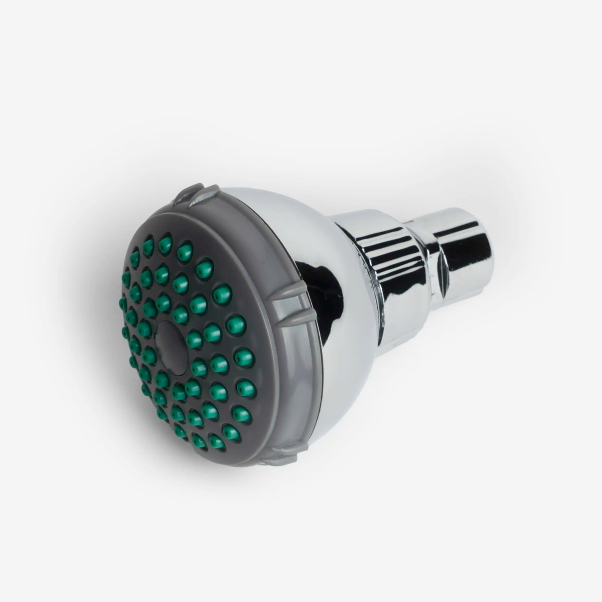 Shower Filter included shower head in chrome with gray face and green spray nozzles, angled view