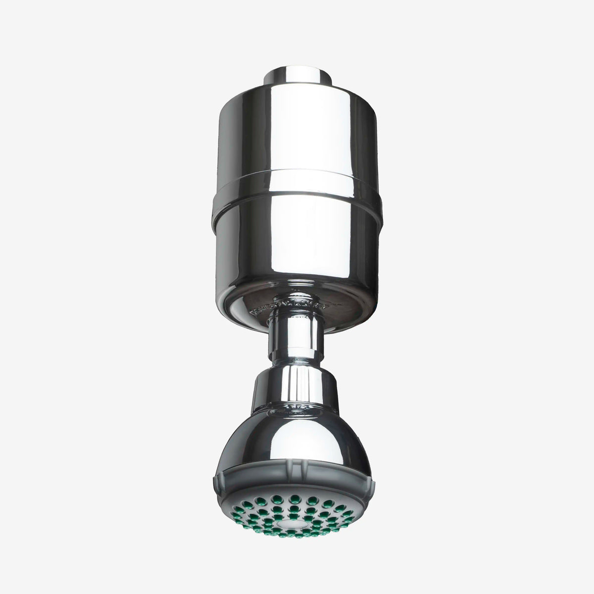 Shower Filter in chrome with attached shower head, straight front view
