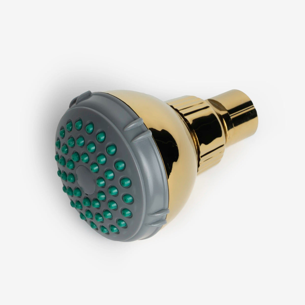 Shower Filter included shower head in gold with gray face and green spray nozzles, angled view