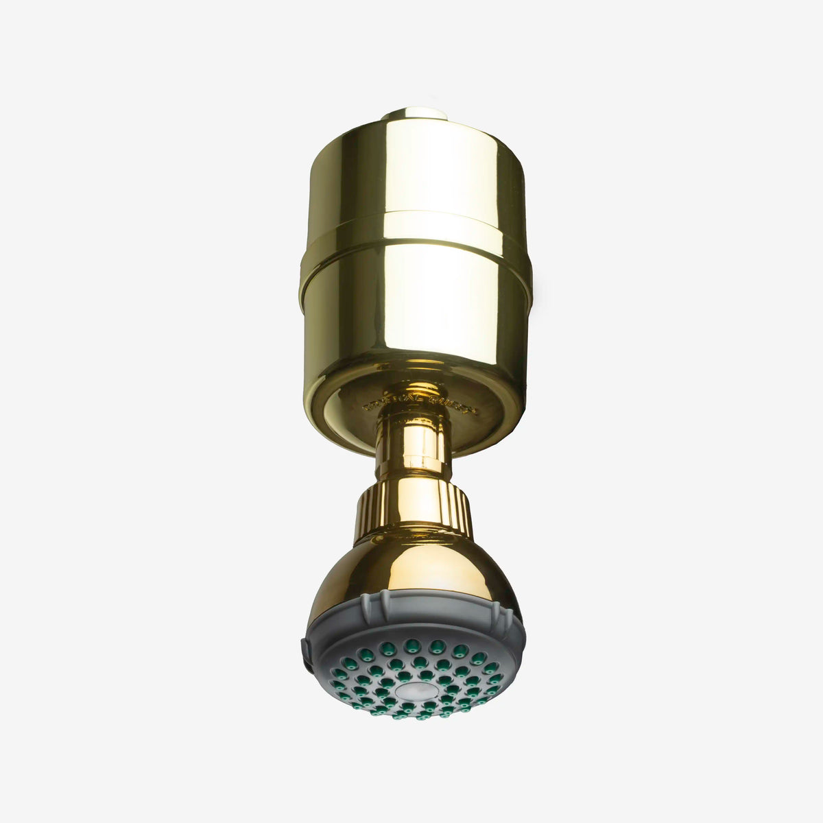 Shower Filter in gold with attached shower head, straight front view