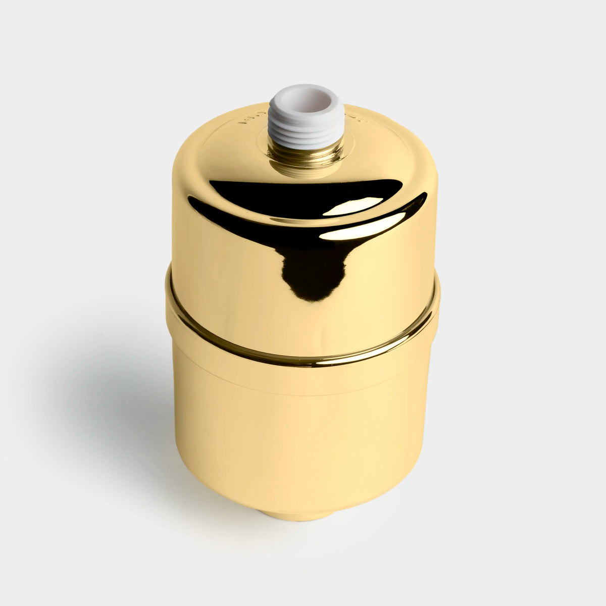 Shower Filter in gold, filter only without shower head, top angle view of threaded inlet