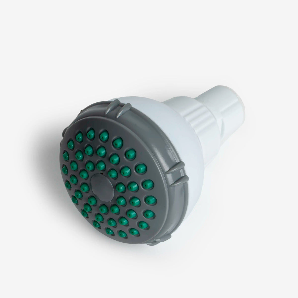 Shower Filter included shower head, white and gray head with green spray nozzles, angled view