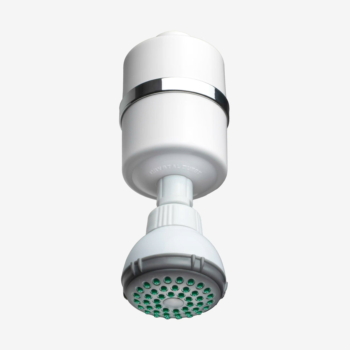 Shower Filter in white attached to a shower head with green nozzles, front view