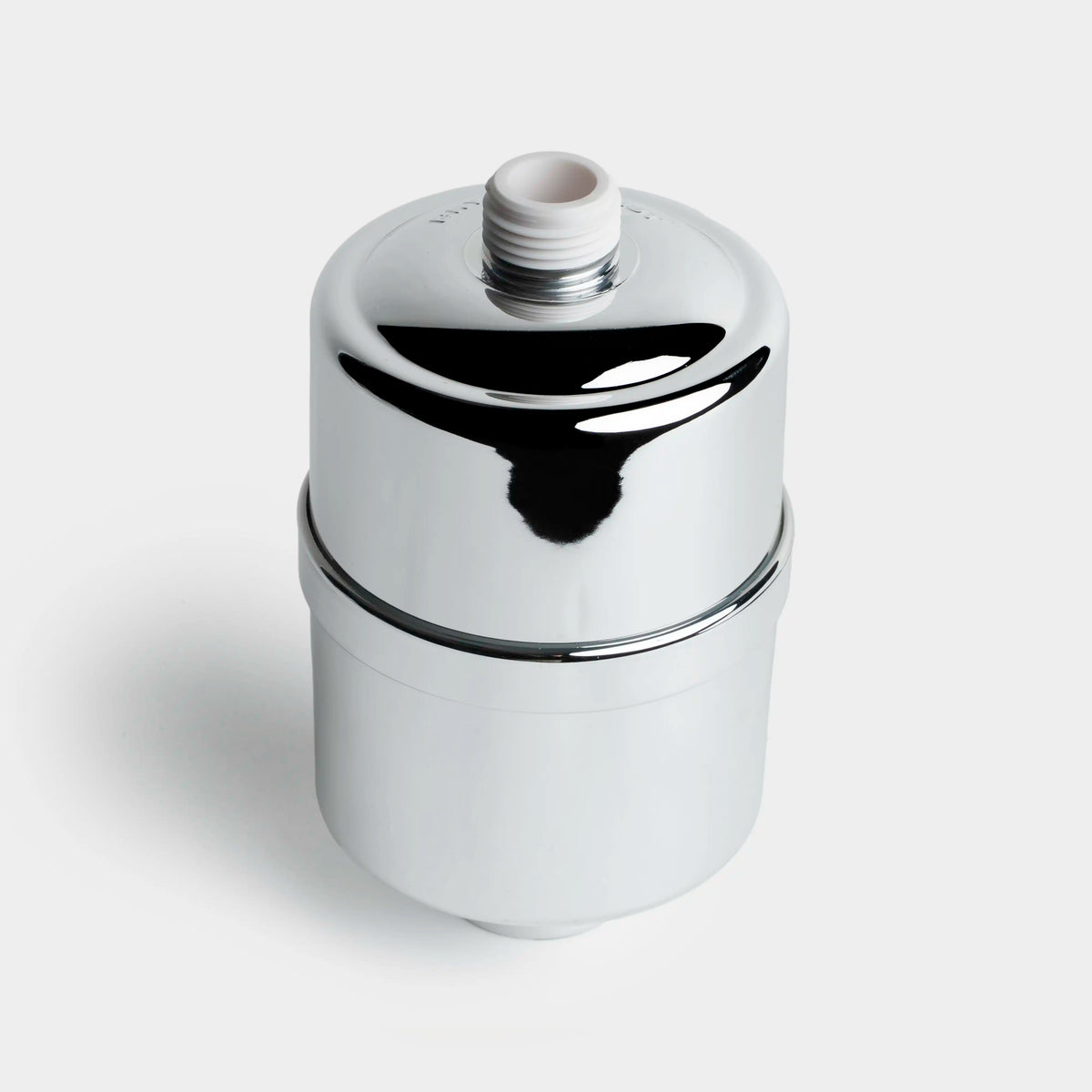 Shower Filter in chrome, filter only without shower head, top angle view of threaded inlet