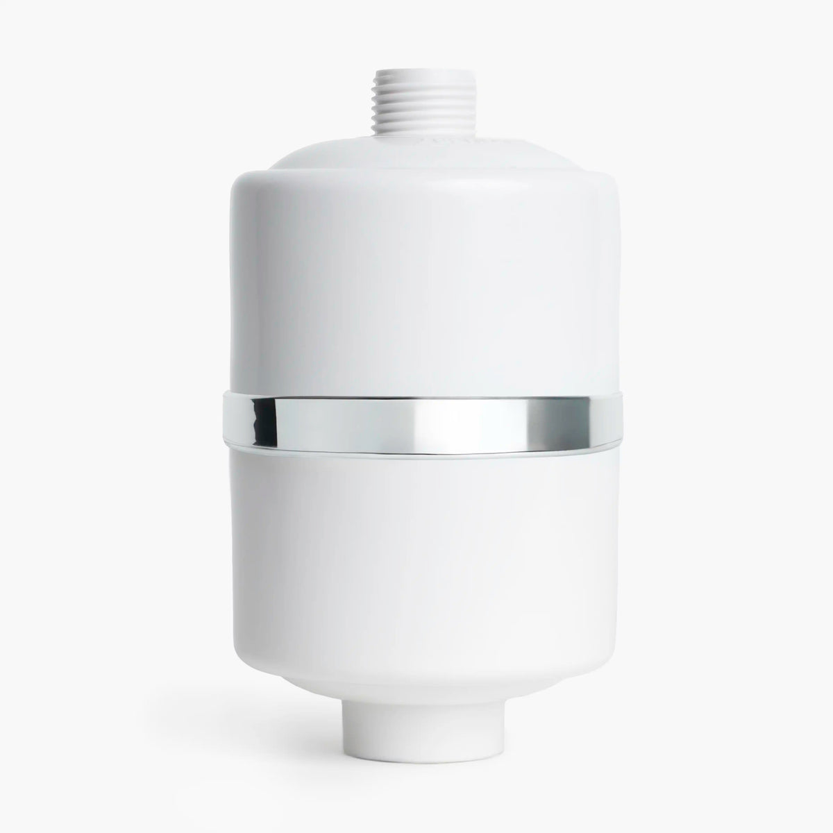 Shower Filter, white housing with chrome band and threaded inlet, upright view