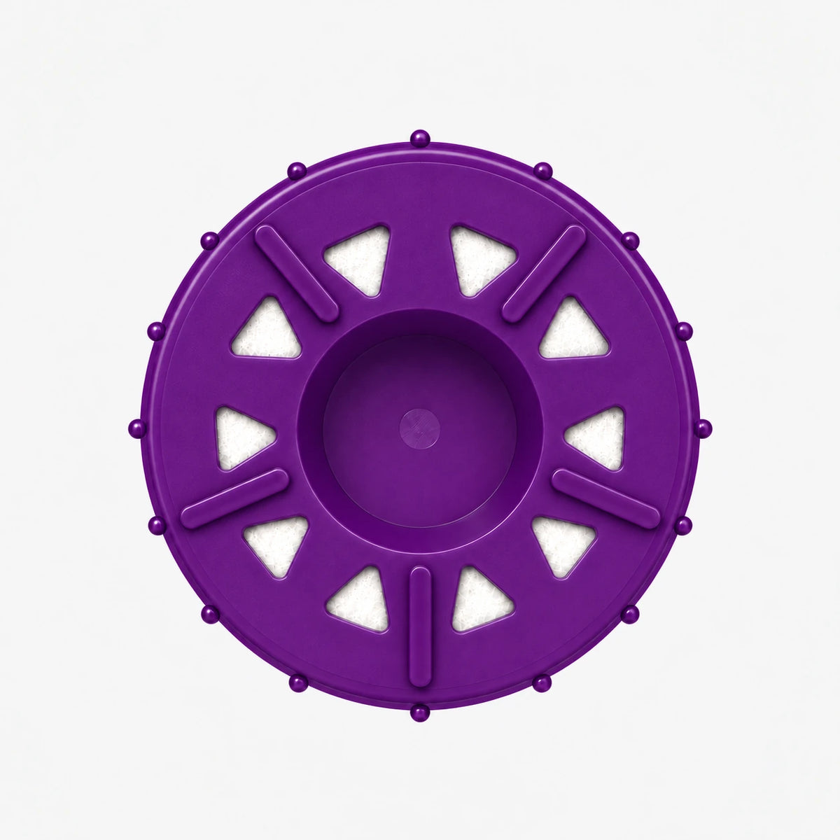 SMART + Calcium GAC Fluoride Reduction Cartridge, 2-7/8 inch size: bottom end seen straight on, ten triangular openings with white pads around the center