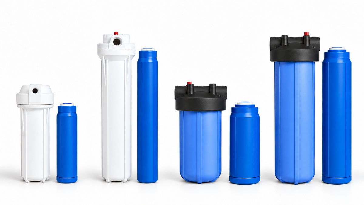 Four Crystal Quest filter housing sizes with matching blue SMART cartridges: standard 10-inch, slim 20-inch, compact Big Blue 10-inch and Big Blue 20-inch.