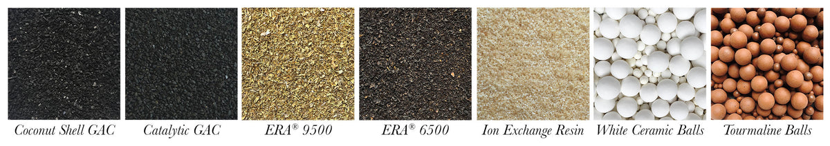 SMART Series media samples: coconut shell and catalytic carbon, two blends, ion exchange resin, ceramic and tourmaline balls