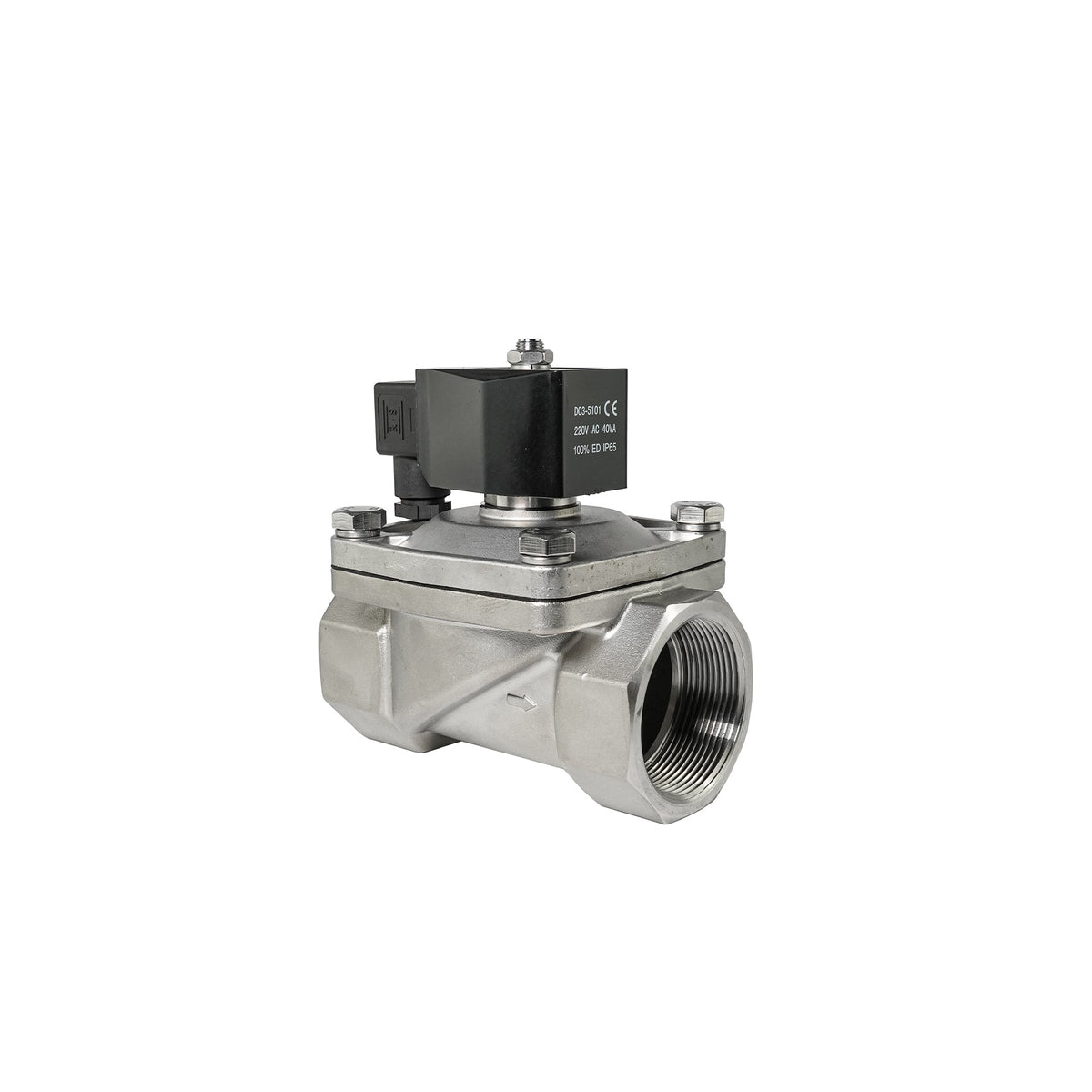 Solenoid Valve, stainless steel body with black electric coil, angled side view