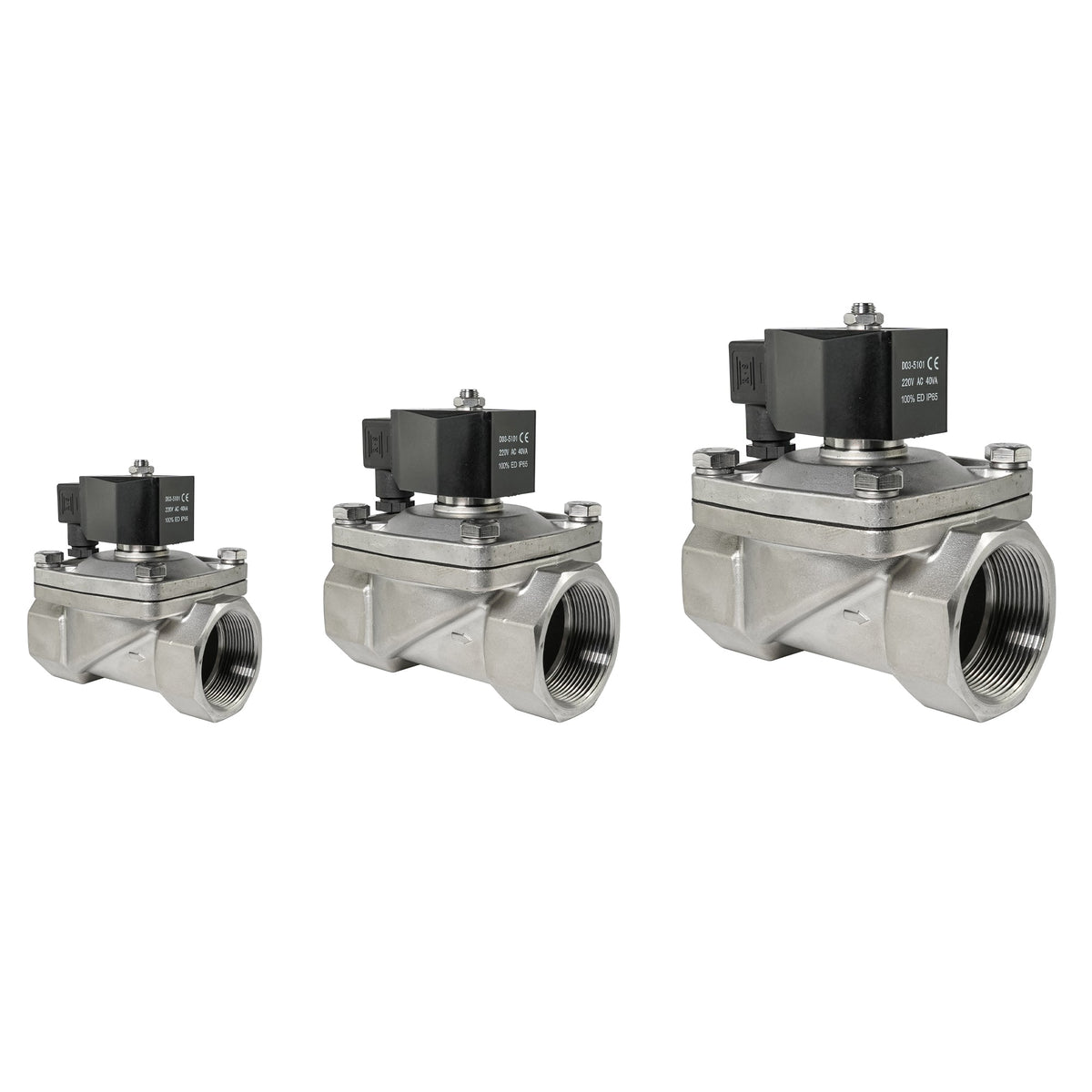 Solenoid Valves, three stainless steel valves with black coils in small, medium and large sizes