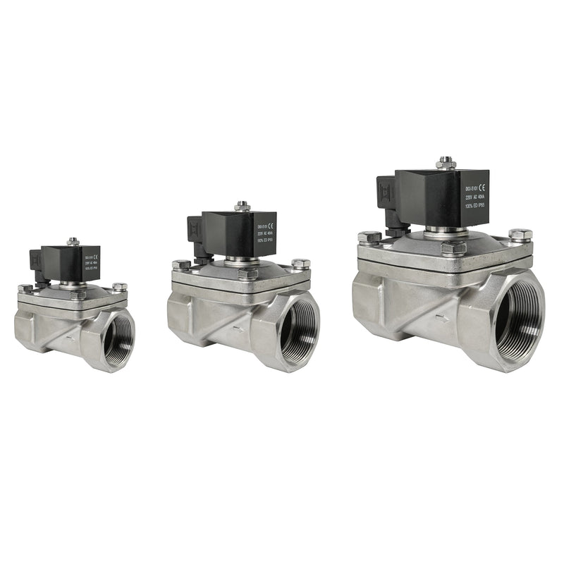 Solenoid Valves, three stainless steel valves with black coils in small, medium and large sizes