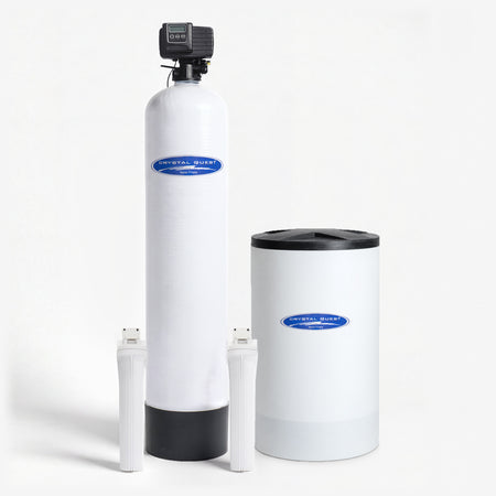 Nitrate Whole House Water Filter, white fiberglass tank with control valve, a white brine tank with black lid and two white filter housings