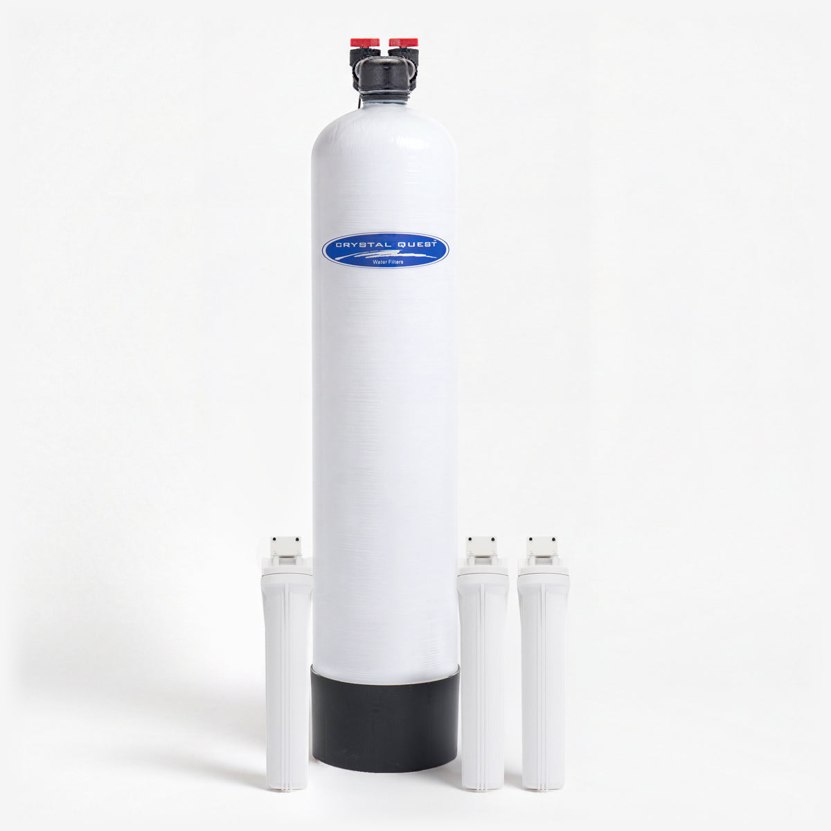 Salt-Free Water Conditioner, white fiberglass tank with black base and three white filter housings