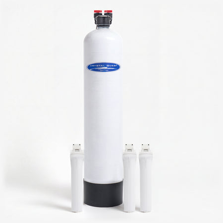 Salt-Free Water Conditioner, white fiberglass tank with black base and three white filter housings