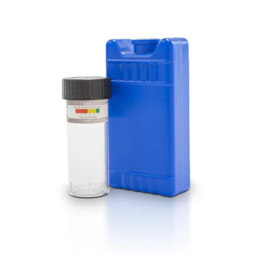 Sulfate Reducing Bacteria Test vial with SRB color scale label, shown with blue ice pack