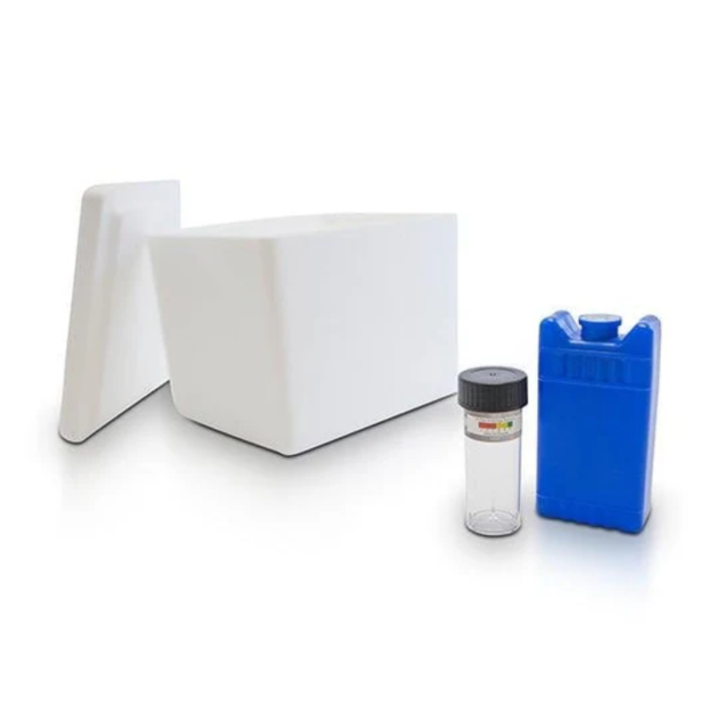 Bacteria test kit with insulated foam shipping box, sample vial and blue ice pack