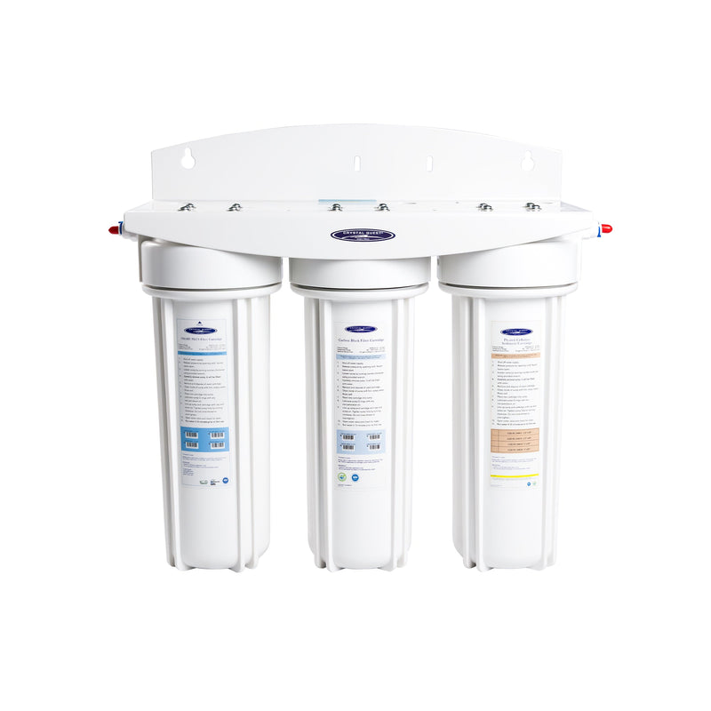 Commercial Inline SMART Water Filter, triple inline version with three labeled white housings on a wall bracket