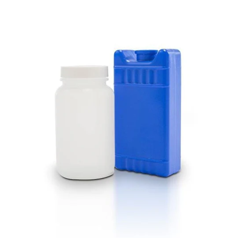 Water test kit, white sample bottle and blue ice pack, close-up