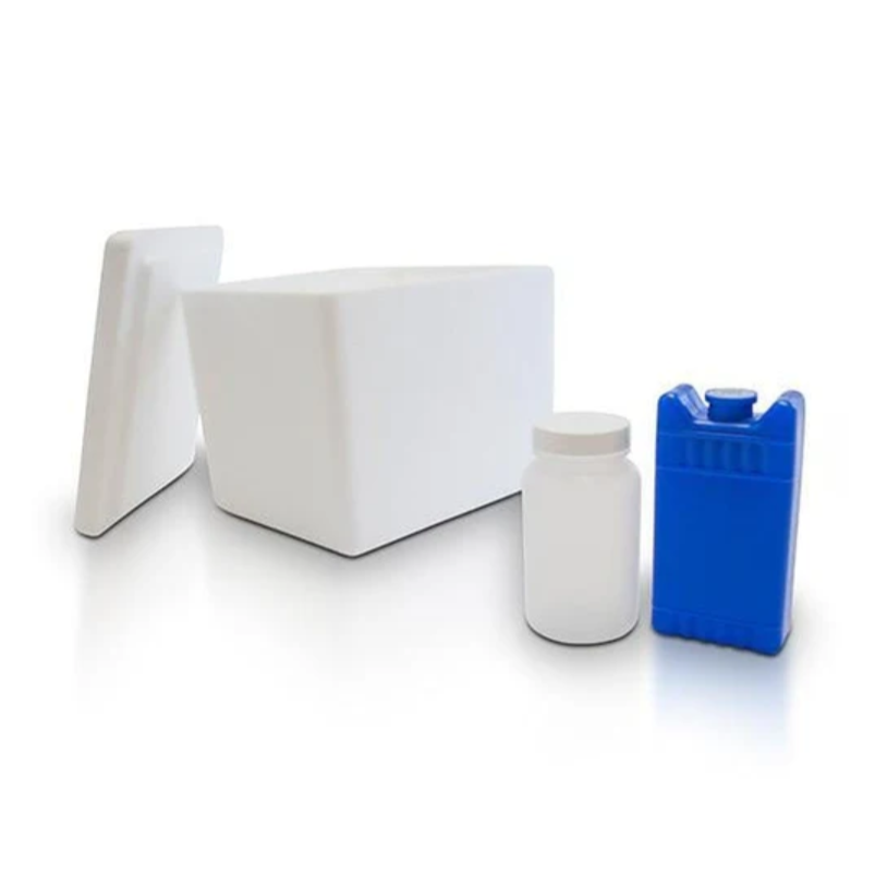 Water test kit, foam shipping cooler with lid, white sample bottle and blue ice pack