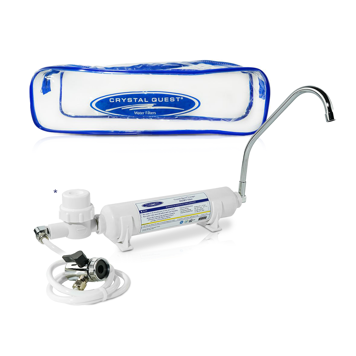 Voyager Countertop Water Filter, white inline housing with spout, diverter valve, hose and clear Crystal Quest travel bag